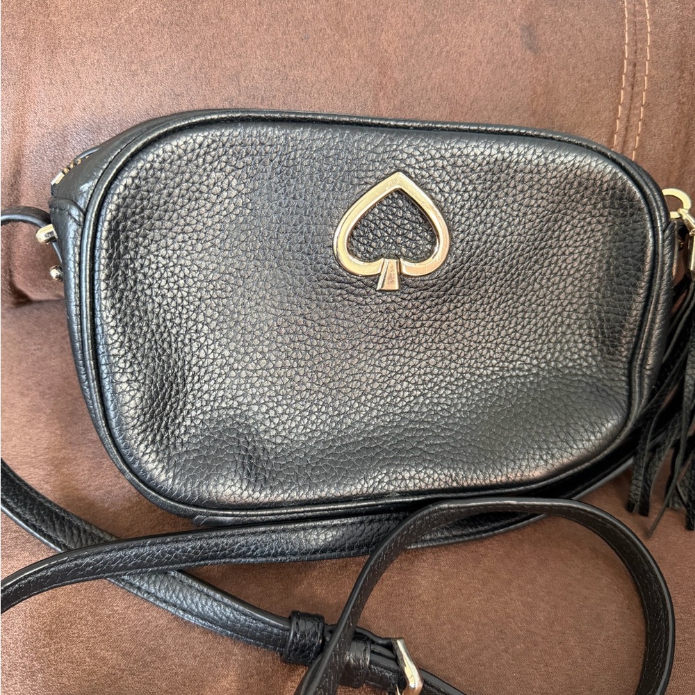 kate spade Black Pebbled Leather Small Crossbody with Gold Spade Logo